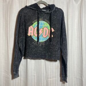 AC/DC Summer Tour 1979 Acid Wash Cropped Hoodie Charcoal Grey S Retro Style Rock